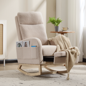 Modern Accent Rocking Chair Rocking Chair with Solid Wood Legs, Upholstered Nursery Glider Rocker, Comfy Armchair with Side Pocket, Living Room Loung (Color: beige)