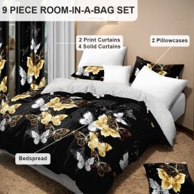 9-Piece Black & Gold Butterfly Bedding & Curtain Set (Queen/King/Cal King) - Quilted Microfiber Bedspread + Sheer Curtains (Color: black/gold butterfly, size: KING)
