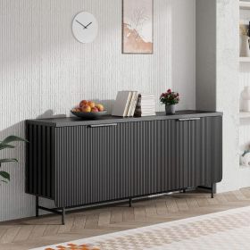 68 Inch Oak Sideboard Buffet Cabinet with 4 Doors, Large Decorative Storage Cabinet with Adjustable Shelves (Color: 68 inch with Fluted Door Black)