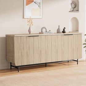 68 Inch Oak Sideboard Buffet Cabinet with 4 Doors, Large Decorative Storage Cabinet with Adjustable Shelves (Color: 68 inch with Fluted Door Black With Light)
