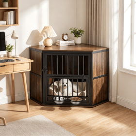 35.5 Inch Wooden Dog Kennel End Table with  3-Position Dog Bowl Rack Storage Side Table for Pets (Color: Brown+Black)
