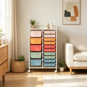 15-Drawer Rolling Storage Cart Metal Tabletop Pegboard Organization Tool Caddy for Home Garage Office (Color: Macaron+White)