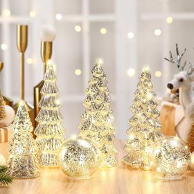 6 Pcs Mercury Glass Christmas Tree for Tabletop Light up Figurine Christmas Tree Mercury Cracked Glass Globe with Light for Xmas Decor Home Party Cen (Color: Silver)