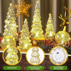6 Pcs Mercury Glass Christmas Tree for Tabletop Light up Figurine Christmas Tree Mercury Cracked Glass Globe with Light for Xmas Decor Home Party Cen (Color: Gold)