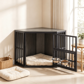 35.5 Inch Wooden Dog Kennel End Table with  3-Position Dog Bowl Rack Storage Side Table for Pets (Color: Oak+Black)