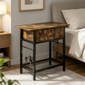 Tea table with charging station socket and flip cover (Color: Rustic Brown & Black)
