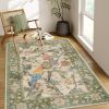Botanical Birds 5x7 Washable Living Room Rug, Boho Green Bedroom Dining Room Rugs for Under Table, Large Vintage Indoor Floor Carpet for Home Office
