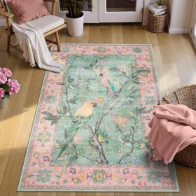 Botanical Birds 5x7 Washable Living Room Rug, Boho Green Bedroom Dining Room Rugs for Under Table, Large Vintage Indoor Floor Carpet for Home Office (Color: pink)