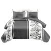 3-Piece Charcoal Grey & White Botanical Quilt Set, Modern Leaf Vine Striped Bedspread with 2 Shams, Lightweight Reversible Coverlet, Easy Care Pet Fr