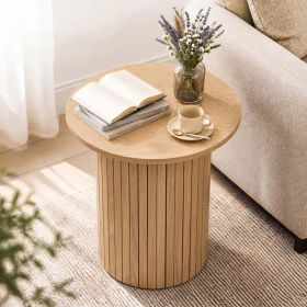 18" Round Fluted Side Table with Pedestal Drum Design and Non-Slip Foot Pads for Small Spaces (Color: Natural)