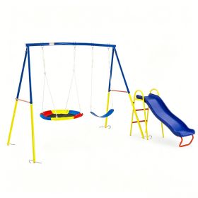 Swing Set for Backyard, 330lbs Swing Set with Heavy-Duty A-Frame Metal Outdoor Swing Stand, 1 Saucer Swing Seat & 1 Belt Swings Seat (Color: Blue, size: Steel)
