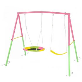 Swing Set for Backyard, 330lbs Swing Set with Heavy-Duty A-Frame Metal Outdoor Swing Stand, 1 Saucer Swing Seat & 1 Belt Swings Seat (Color: pink, size: Steel)