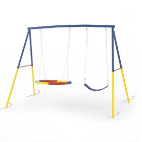 Swing Set for Backyard, 330lbs Swing Set with Heavy-Duty A-Frame Metal Outdoor Swing Stand, 1 Saucer Swing Seat & 1 Belt Swings Seat (Color: Blue, size: Metal)