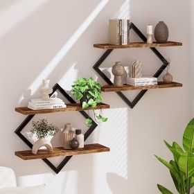 2 Pack Geometric Diamond Floating Wall Shelves, Industrial Wood and Metal Wall Mounted Display Racks (Color: Natural wood)