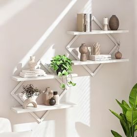 2 Pack Geometric Diamond Floating Wall Shelves, Industrial Wood and Metal Wall Mounted Display Racks (Color: White)