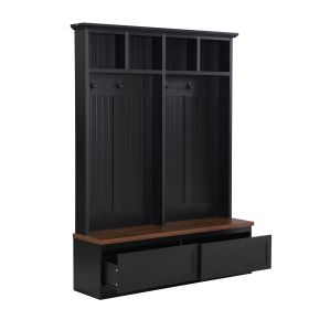 Farmhouse 4-in-1 Hall Tree with Wood Grain Bench, Mudroom Versatile Coat Rack with 2 Large Drawer, Entrance Organizer for Hallway, Living Room, Black (Color: Black)