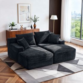Oversized Double Chaise Lounge Corduroy Upholstered Boneless Couch Cloud Deep Seat Sofa (Color: Black)