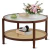 Rattan Round Coffee Table for Living Room, Boho Circle Table with Tempered Glass Desktop, Wood Farmhouse Accent Center Storage Table