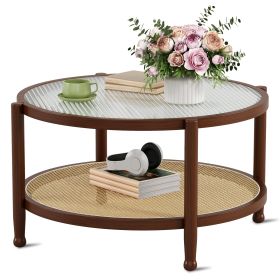 Rattan Round Coffee Table for Living Room, Boho Circle Table with Tempered Glass Desktop, Wood Farmhouse Accent Center Storage Table (Color: Walnut)
