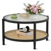 Rattan Round Coffee Table for Living Room, Boho Circle Table with Tempered Glass Desktop, Wood Farmhouse Accent Center Storage Table