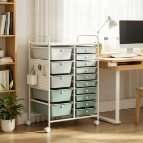 15-Drawer Rolling Storage Cart Metal Tabletop Pegboard Organization Tool Caddy for Home Garage Office (Color: Gradient Green+White)