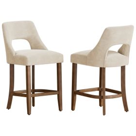 Cutout Back Counter Height Bar Stools Set of 2, Mid Century Chenille Upholstered Kitchen Island Stools with Solid Rubberwood Legs (Color: beige, Type: Bar Stools)