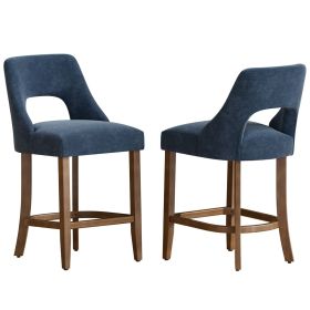 Cutout Back Counter Height Bar Stools Set of 2, Mid Century Chenille Upholstered Kitchen Island Stools with Solid Rubberwood Legs (Color: Navy, Type: Bar Stools)