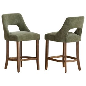 Cutout Back Counter Height Bar Stools Set of 2, Mid Century Chenille Upholstered Kitchen Island Stools with Solid Rubberwood Legs (Color: green, Type: Bar Stools)