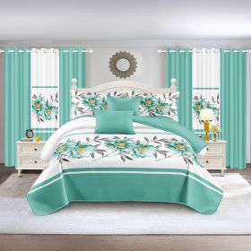 Quilted Bedspread & Curtain Set 9 Piece, Queen Size - Bedding Ensemble with Sheer Filtering Drapes, 1.6" Grommet Top, Machine Washable (Color: green rose, size: CAL KING)