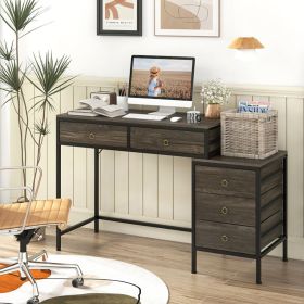 Computer Desk with 5 Drawers Home Office Desk with Side File Cabinet (Color: Gray)