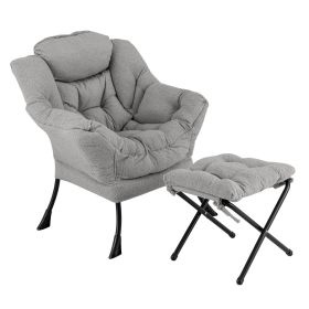 Modern Accent Chair with Folding Footrest and Head Pillow (Color: Gray)