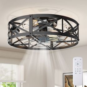 Embedded ceiling fan with lights, bladeless silent ceiling lamp, remote-controlled minimalist ceiling fan with mesh cover (Color: black/19in)