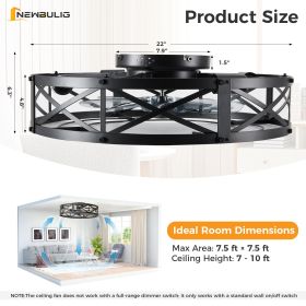 Embedded ceiling fan with lights, bladeless silent ceiling lamp, remote-controlled minimalist ceiling fan with mesh cover (Color: black/22in)