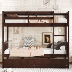 Twin Over Twin Rubber Wood Bunk Bed with 2 Drawers,Convertible into 2 Twin Beds,Twin Size Bunk Bed with Ladder and Safety Guardrails ,Grey (Material: Rubber Wood, Color: Espresso)