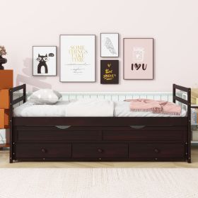 Twin Size Bed with Headboard,Footboard,Trundle and Three Storage Drawers,Twin Size Pine Wood Bed with Headboard,Footboard,Grey (Material: Pine, Color: Espresso)
