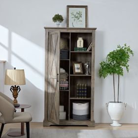 Tall Storage Cabinet Barn Door Storage Country Wood Rustic Farmhouse Pantry Cupboard Barn Door Kitchen Organizer Furniture Home Drawer Shelves (Color: Gray Wash)