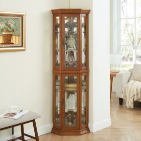 Corner Curio Cabinet Lighted Corner Display, Glass Display Shelf Shelving Bar cabinet with Tempered Glass Door, Bar Cabinet,Cabinet with Adjustable S (Material: MDF+glass, Color: Oak)