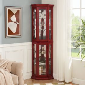 Corner Curio Cabinet Lighted Corner Display, Glass Display Shelf Shelving Bar cabinet with Tempered Glass Door, Bar Cabinet,Cabinet with Adjustable S (Material: MDF+glass, Color: Cherry)