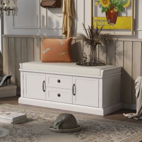 Storage Bench with 2 Drawers and 2 Cabinets,Shoe Bench with Removable Cushion for Living Room,Entryway (Material: Solid Wood, Color: White)