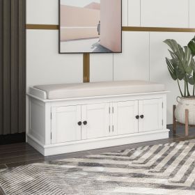 Storage Bench with 4 Doors and Adjustable Shelves,Shoe Bench with Removable Cushion for Living Room,Entryway (Material: Solid Wood, Color: White)