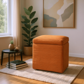 Brown Linen-Textured Storage Ottoman with Black Rubber Feet Ã¢â‚¬â€œ Compact Square Seat with Hidden Storage, 42Ãƒâ€”42Ãƒâ€”44cm (Color: Brown)