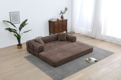 Convertible Sleeper Sofa Bed, Corduroy Folding Sofa Bed with Fixed-Shape Frame, Fold Out Floor Mattress Couch, Lazy Compression Sofa for Living Room, (Color: Brown)