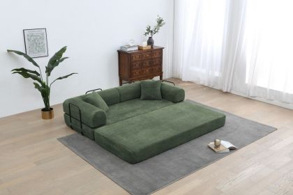 Convertible Sleeper Sofa Bed, Corduroy Folding Sofa Bed with Fixed-Shape Frame, Fold Out Floor Mattress Couch, Lazy Compression Sofa for Living Room, (Color: Army green)