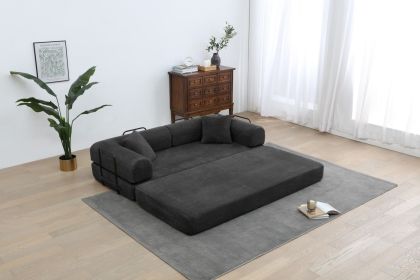 Convertible Sleeper Sofa Bed, Corduroy Folding Sofa Bed with Fixed-Shape Frame, Fold Out Floor Mattress Couch, Lazy Compression Sofa for Living Room, (Color: Black)