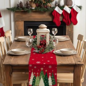 Christmas Table Runner 13x72 Inch, Xmas Trees Snowflakes Winter Holiday Decorative Farmhouse Table Decorations for Kitchen Dinning, Indoor Outdoor Di (Color: Red)