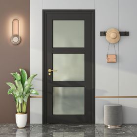 French Interior Door, 3 Lite Frosted Glass Panel for Closet & Bathroom, Single Pre-Finished Slab Door, MDF, Black Primed (size: 32 X 80 X 5)