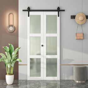 Bi-Fold Sliding Barn Door, 3-Lite Tempered Frosted Glass Closet Door, 3.3 FT Sliding Door Hardware Kit, Pre-Drilled for Easy Assembly (size: 15 X 84 X 3)