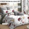 9-Piece Sage Green Watercolor Floral Bedding & Curtain Set (Queen/King/Cal King) - Quilted Microfiber Bedspread + Sheer Curtains