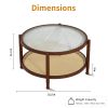 Rattan Round Coffee Table for Living Room, Boho Circle Table with Tempered Glass Desktop, Wood Farmhouse Accent Center Storage Table