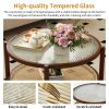 Rattan Round Coffee Table for Living Room, Boho Circle Table with Tempered Glass Desktop, Wood Farmhouse Accent Center Storage Table